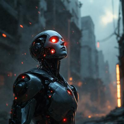 The primary subject of the image is a futuristic robot with a human-like face, standing in a city environment. The robot is wearing a silver and red suit and has a glowing red light in its chest. The setting includes a city street with buildings in the background, and the visual style appears to be a combination of photo and digital art. The colors and mood of the image are dark and mysterious, with the robot's red light adding a touch of warmth to the scene.